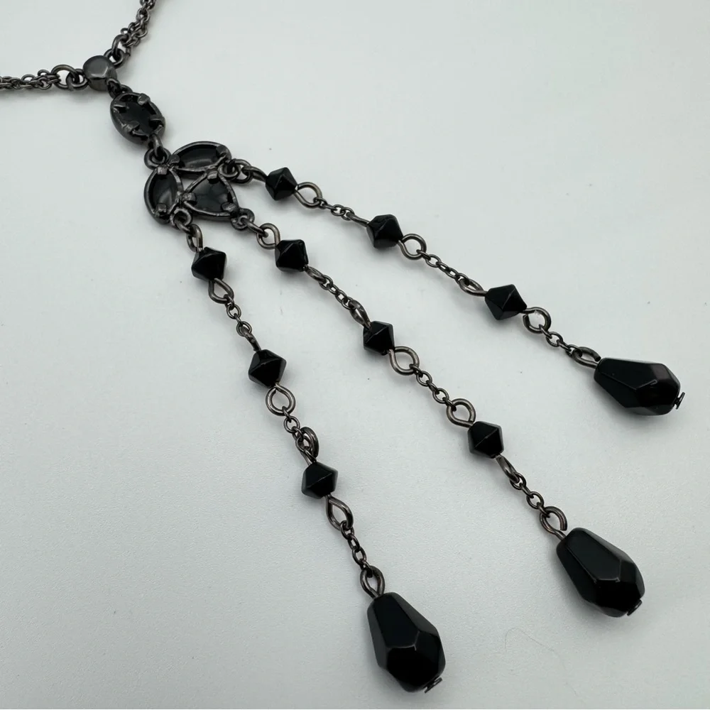 Gothic Style Black Crystal Beaded Y Necklace with Multi-Drop Tassel